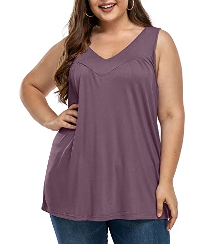 AYIFU Womens Plus Size Tank Tops Sleeveless Pleated Front V Neck Shirts (Pink, 16W)