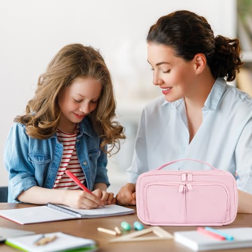 Image of Pink Pencil Case Large Capacity Pencil Pouch Pen Bag with Handle, Portable Pencil Case Pencil Bags with Zipper Student Stationery Bag for Girls and Boys Teen Adults Men Women (Pink)