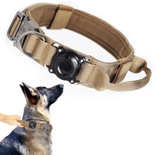 Image of Tactical Dog Collar With Airtag Holder - Waterproof, Adjustable, Heavy Duty With Control Handle and Metal Buckle for Training (Brown, L)