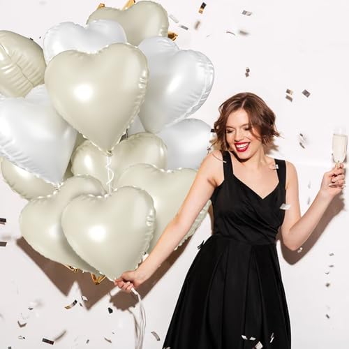 Image of Biapian Cream Heart Balloons, 18 Inch Sand White Heart Shape Balloons Foil, 10 Pcs Beige Heart Balloons and White Foil Balloons Helium for Valentines Day Boho Birthday Wedding Baby Shower Decorations