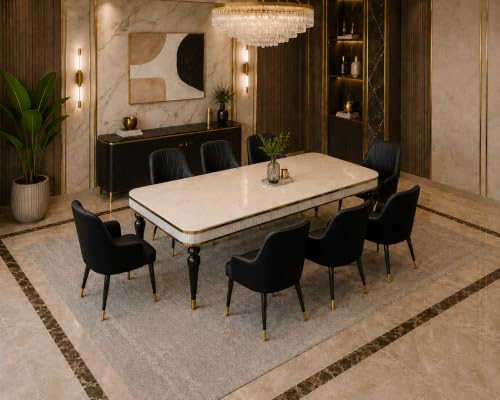 Image of 8 Seater Dining Table Set with Nano Composite Marble Top, Solid Wood Base & 8 Upholstered Chairs, Modern Dining Table Set for Home & Dining Room Furniture