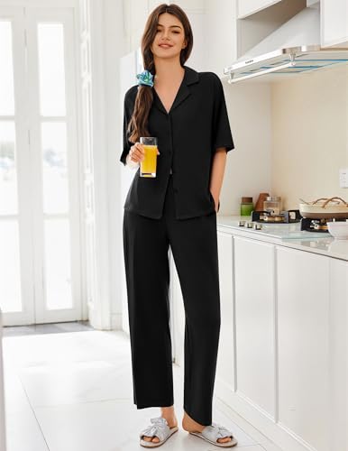 Ekouaer Women Pajamas Set Button Down Sleepwear Short Sleeve Pjs Soft Comfy Nightwear with Long Pants S-XXL3