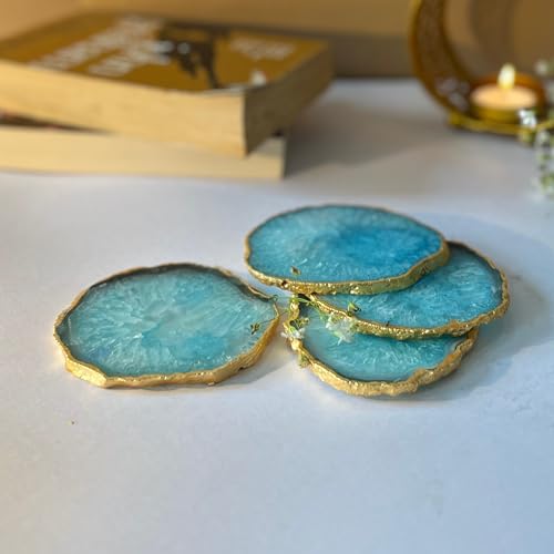 Image of Natural Agate Stone Tea Coasters Set | Premium Stone Coasters for Tea, Coffee & Glass | Heat Resistant Coasters for Dining Table, Office Desk & Home Decor | Pack of 4 | Color -Turquoise