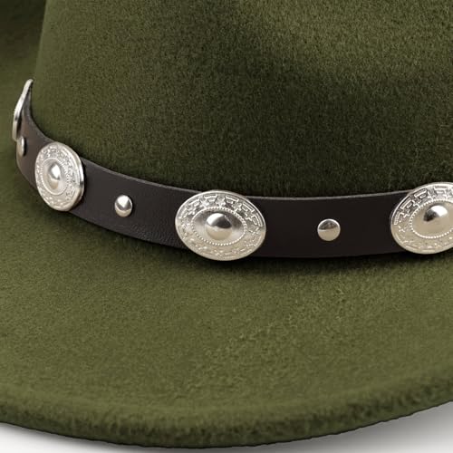 Image of DRESHOW Women Men Classic Felt Wide Brim Western Cowboy & Cowgirl Cap Belt Buckle Retro Panama Hat Unisex Rolled up Caps