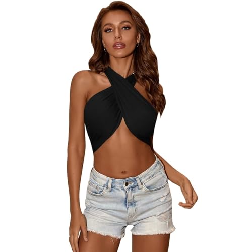 Top Corto Sexy sin Mangas con Tirantes Cruzados y Espalda Descubierta para Mujer (Color : Black, Size : L)