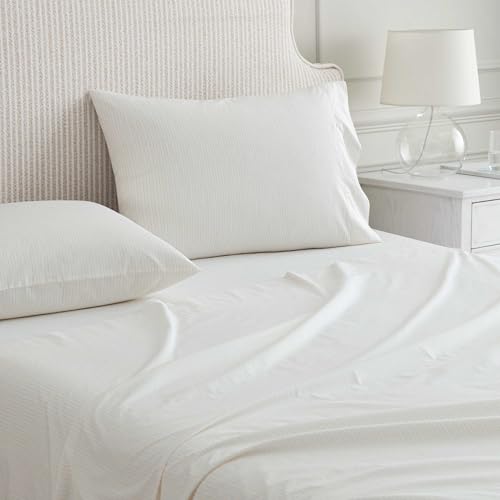 Image of Martha Stewart - Queen Size Sheet Set, Crisp & Tailored Bedding with a Smooth Cotton Percale Feel, Deep Pocket, Bed Sheets with Matching Pillowcases & Fitted Sheet (Dotted Stripe Yellow)