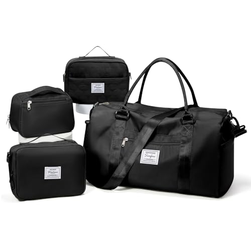 Image of Gym Bag Womens Mens with Shoes Compartment Travel Duffel Bag for Women for Plane Sport Gym Tote Bags Swimming Yoga Weekend Overnight Carry on Bag Hospital Holdalls 4Pcs Set Black
