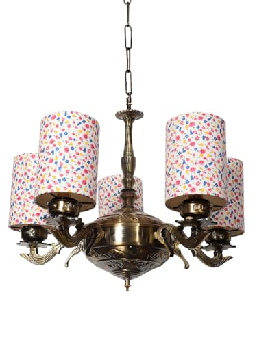 Image of Devansh 05 Lights Printed Round Cotton Shade with Antique Golden Chandelier -F