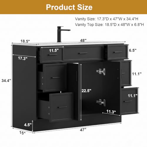 Image of 48 Inch Bathroom Vanity with Sink and Countertop, Modern Farmhouse Bathroom Vanity Cabinet with Soft Close Doors & 6 Drawers, Freestanding Single Sink Bathroom Storage Cabinet, Black