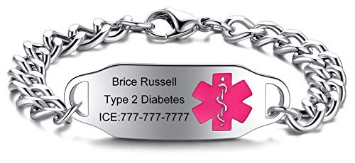 JF.JEWELRY Personalized Customize Stainless Steel Medical Alert ID Awareness Bracelet for Women and Men,5.5-8.5 inches,Free Engraving Rose Red Medical Logo