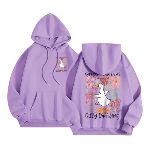 BINTEHGS Funny Silly Goose Hoodie for Teen Girls Cute Flower Graphic Hooded Sweatshirt Kawaii Duck Print Tops Fleece Sweaters(Purple M)