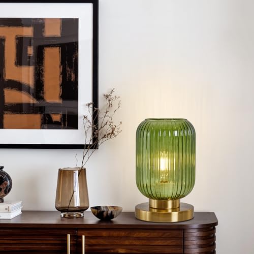 Mid Century Modern Table Lamp: Vintage Green Ribbed Glass Globe Dimmable Plug in Small Bedside Lamps - Cute Brass Gold Side Table Lamp Nightstand Light for Bedroom Entryway Office Desk Living Room by HONIEGG - Used condition - Image 2