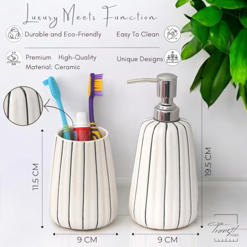 Image of Hand-Painted Ceramic Bathroom Accessories Set of 2 | 300ml Liquid Soap Dispenser & Toothbrush Holder | Rust-Proof Bathroom Organizer for Home & Wash Basin Decor | White Strip