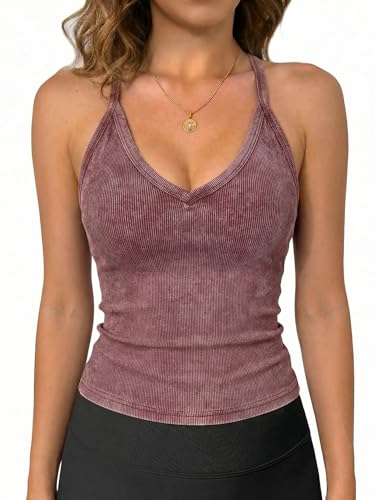 Jar of Love Women's Acid Washed Workout Tank Tops for Women V Neck Racerback Top Cotton Ribbed Sapghetti Tank Tops,L,Wine-Washed