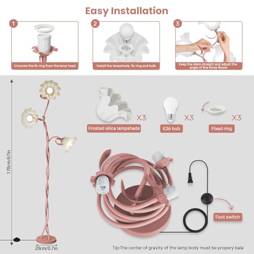 Vintage 3 Heads Flower Floor Lamp for Living Room,3 Color Modes LED Modern Corner Standing Lamp with Goosenecks, Bright Tall Cute Dimmable Lamp for Kids Reading Girls' Bedroom Office Home Decor(Pink)