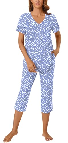 Bestbee Womens Pajama Set 2 Piece Lounge Outfits Summer Sleepwear V Neck Short Sleeve Capri Pant With Pockets Ladies Pjs2