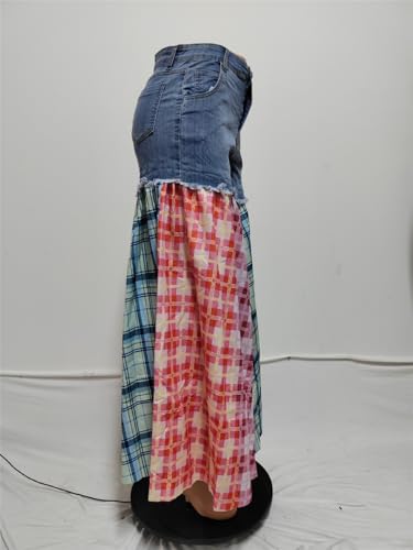 Womens Sexy Fashion High Waist Plaid Print Stitching Wide Leg Denim Pants Jeans Trousers4