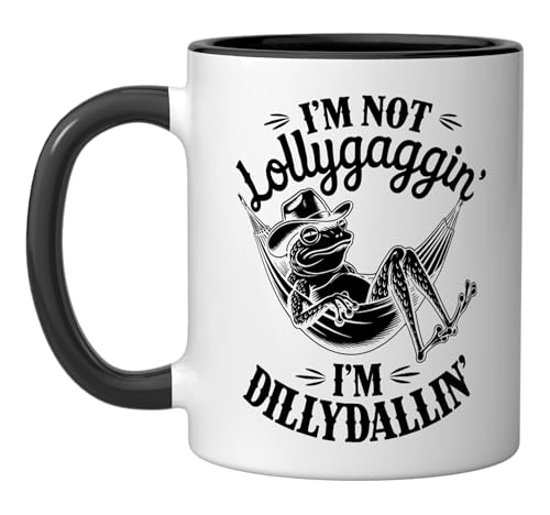 Lollygagging Dilly Dally frog cowboy Ceramic Mug, Black/White