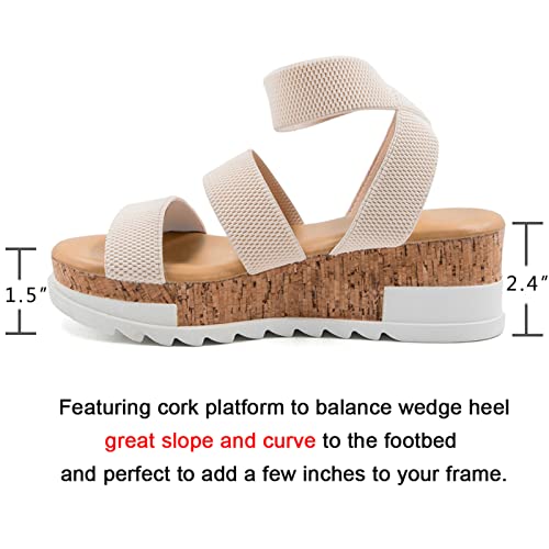 Athlefit Women's Wedge Sandals Platform Sandals Cork Elastic Strap Sandals Size 6.5 Beige #TOP4