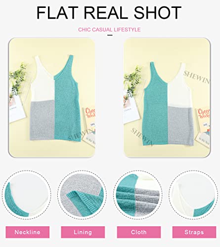 Shewin Tank Top For Women 2023 Casual V Neck Sleeveless Shirts Trendy Color Block Loose Knit Summer Tops Clothes Outfits,Us 12-14(L),Sky Blue #TOP4
