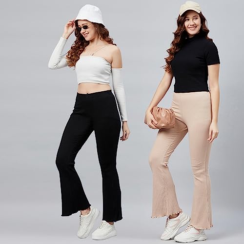 Image of BLINKIN Women's Stretch Fit Mid Rise Ribbed Stretchable Flared Pants | Boot Cut Bell Bottom Pants - Ideal for Yoga & Gym Wear,Casual Wear & Office Wear Trousers