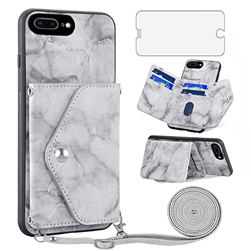 Asuwish Funda para iPhone 7 Plus/8 Plus con Cuerda y Cristal Protector de Pantalla Tarjetero Plegable Cadena Cuero Monedero Capa para i 7Plus 8Plus + 7+ 8+ Carcasa Case Gris