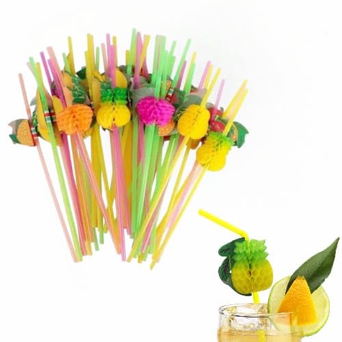 Image of Decorative Drinking Straws with Tropical Fruit and Umbrella Picks, Bendable Cocktail Straws for Party (Multicolor Fruit Theme Straw, Pack of 25pcs)