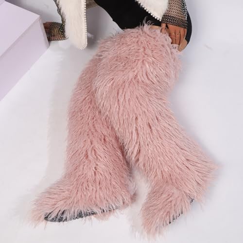 Image of Black Thigh High Fur Boots, Over the Knee Fluffy High Boots, Tall Furry shoes for Women