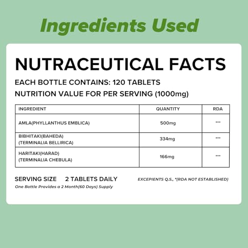 Image of Triphala 1 2 3 Ratio Tablets 120 for Constipation, Acidity & Gas Relief, Bowel regulator, Digestion, Gut Health, cleanse, For Eyes & Hair, Formula by Maharishi Vagbhata, Ayush Certified