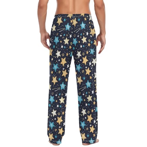 Vdsrup Men's Pajama Pants Blue Yellow Stars Pajama Pants for Men PJs Bottoms Drawstring Pockets Sleep Lounge Pants S2