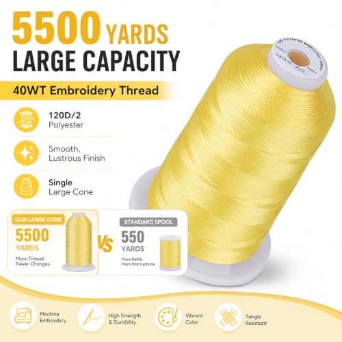 Image of Simthread 5500Yds /5000M 40WT Polyester Embroidery Thread Lemon Yellow 202 | High-yardage 5000M spool offers smooth feeding and stable 40WT polyester thread for home and commercial embroidery machines.