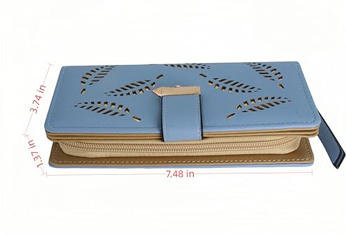 Women's long wallet, hollowed-out gold leaf pattern, double-folding zipper double-layer bag, 12 card slots, large-capacity zipper seal, 3.74 × 7.48 inches, blue3