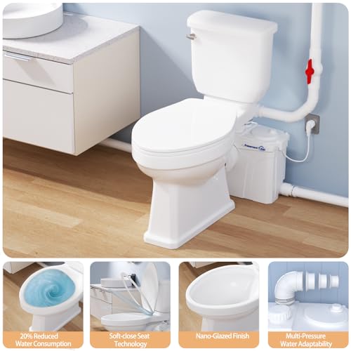 Image of Macerating Toilet Upflush System for Basement Bathroom, Complete Macerating Toilet Kit with 4 Inlets, Toilet Bowl, Water Tank, Soft Close Seat & Extension Pipe, for Sink Shower Kitchen