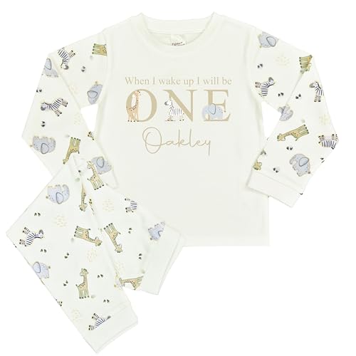 The Baby Box UK Personalised Birthday Pyjamas Kids 1st Birthday PJs When I Wake Up I Will Be Safari Animal (Safari Animals, 1-2 Years) Multicolour