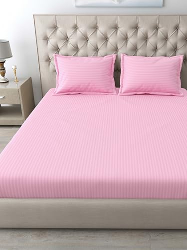 Image of Mafatlal Italian Strip King Size Bed Sheet Cotton with 2 Pillow Covers| 210 TC Pure Cotton Flat Bedsheet Pink | 108 x 108 Inches | Soft & Durable