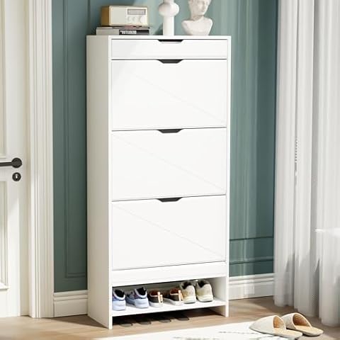 GLSCASA Shoe Cabinet with Shoe Cabinet with 3 Flip Drawers, Entryway Shoe Storage Cabinet with Open Shelf and Top Drawer, Free Standing Shoe Rack Storage Organizer for Entryway,Hallway,Closet, White Cover