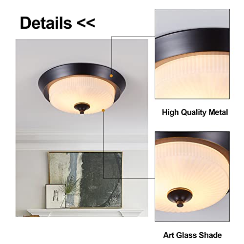 Lhlyclx Farmhouse Ceiling Light Fixtures Flush Mount, Cake Shape White Glass Shade, Gold Edge Black Painted (Cake Glass) #TOP5