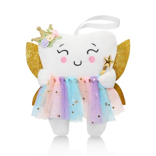 Tooth Fairy Pillow with Shiny Wings Embroidered Tooth Fairy Doll with Pocket Crystal Velvet Tooth Fairy Souvenir Boy Girl Gift (White) (Second Edition)