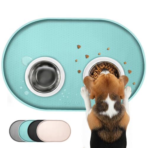Conlun Tappetino Ciotola Cane, Tappetino Ciotole Gatto con Bordi Rialzati di 1,2 cm per Contenimento Degli Schizzi, Tappetino Silicone per Animali Senza BPA, Sottociotola per Cani(Turchese,48x30 cm)