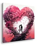 Zwei Liebende auf Bäumen, umhüllt von rosafarbenen Blüten, in einem Herzen aus Natur vereint. Format: 60x60 cm als Leinwandbild, Motiv fertig gerahmt auf Echtholzrahmen, Hochwertiger Digitaldruck