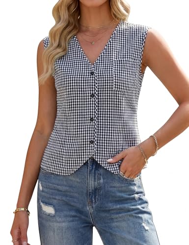 Blooming Jelly Womens V Neck Tank Tops Cute Sleeveless Shirts Gingham Vest Work Tops Trendy Spring Clothing(Black Large)