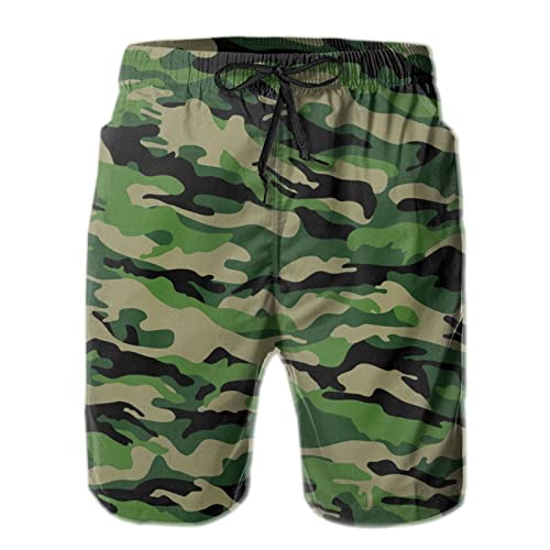 Bañadores De Playa Camuflaje Verde Drawcord Pantalones Cortos Cintura con Cordón Pantalones Cortos Impermeable Bañadores para Surf, Vacaciones, Entrenamiento XXL