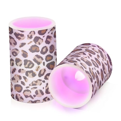 Image of Leopard Print - White Flameless Candles, Set of 2, Battery Operated, Pillar Candles for Home Decoration, Christmas, Party