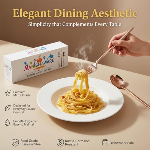 Image of Classic Rose Gold 24 Pcs Stainless Steel Cutlery Set for Dining Table, Dishwasher Safe Glossy Flatware (Perfect Spoon Fork Set)