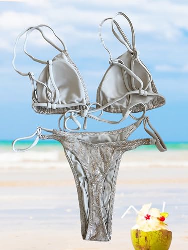 Image of Women's Sexy Thong Bottom Two Piece Bikini Double Shoulder Straps Cute Swimsuit Triangle Bathing Suit