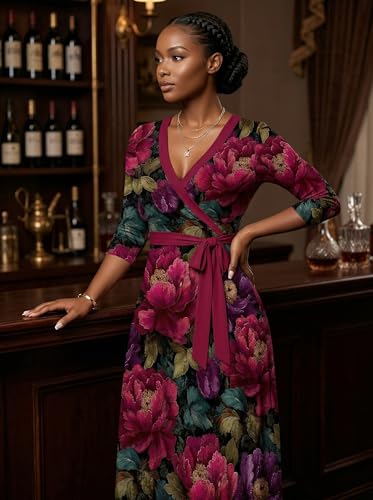 Image of PinkPatty Plus Size Maxi Dresses for Women Casual Flowy Long Dress 3 /4 Sleeve V Neck Wrap Dress with Belt