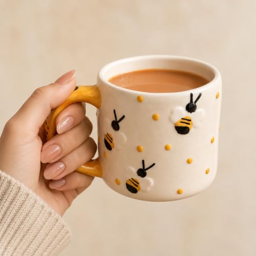 Image of Niyara Stoneware Handmade Premium Ceramic Tea Cups and Coffee Mugs Set of 2 (Bee Design Printed)