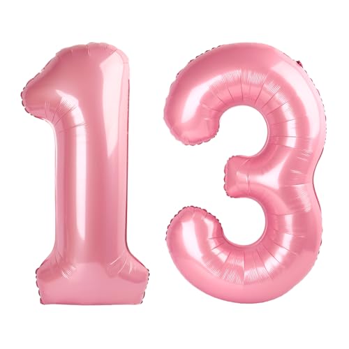 Image of Number Balloons 13 Balloon Pearl Pink for 13 31 Birthday Decorations, 40 in | Saturated Color, Large 40 in, With Straw & Hanging Hole, For Back-to-School Season, Wedding, Christmas, New Year, Anniversary