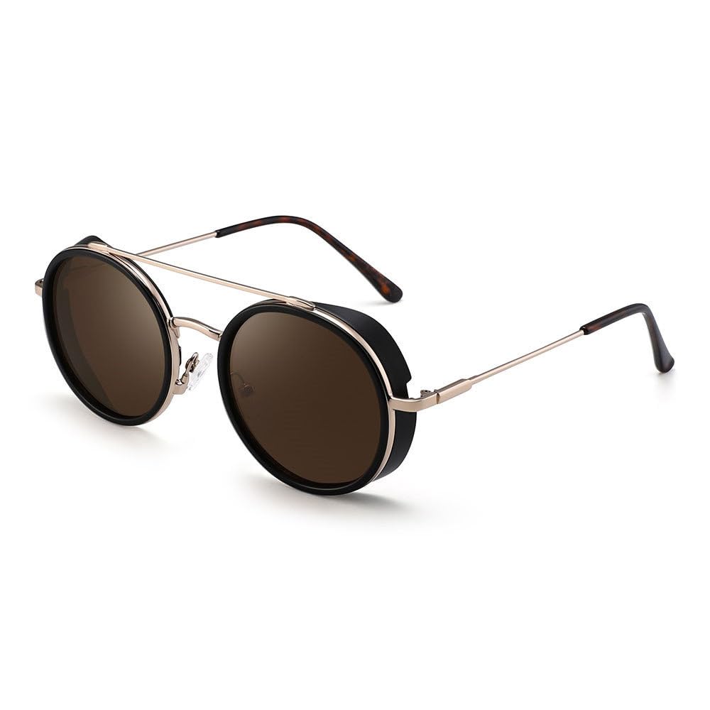 Occhiali da sole rotondi da uomo e donna, stile steampunk, vintage, montatura in metallo, doppio ponte, per shopping, viaggi, spiaggia, feste, ciclismo