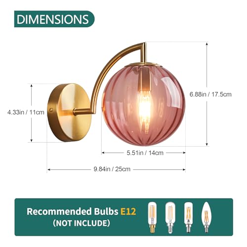 Image of Modern Red Glass Wall Sconces Indoor Nordic Striped Mini Wall Lamp Gold Finish Wall Light for Living Room Bedroom Bedside Hallway (1Pack)